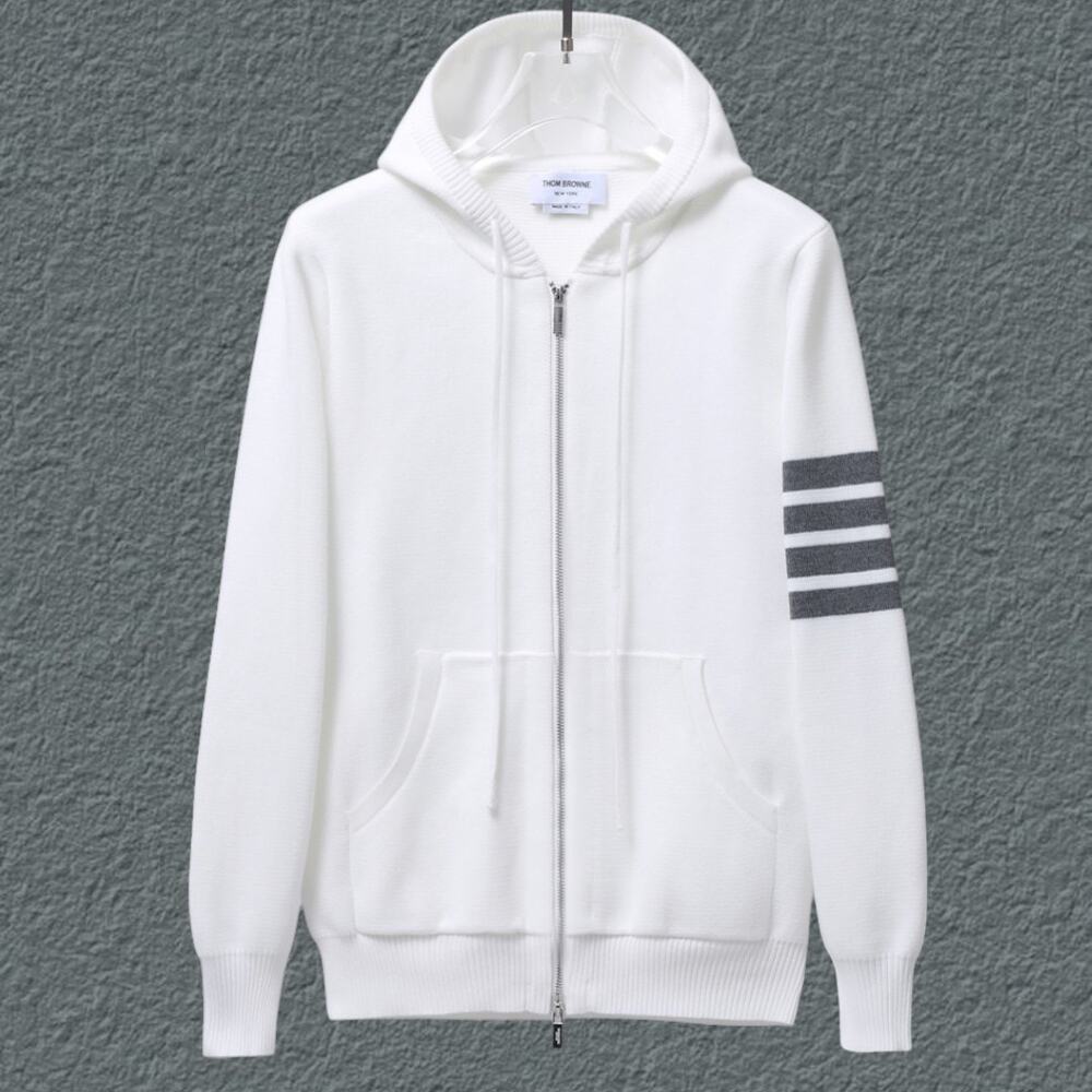 Men's White Zip Knit Hoodie Thom Browne